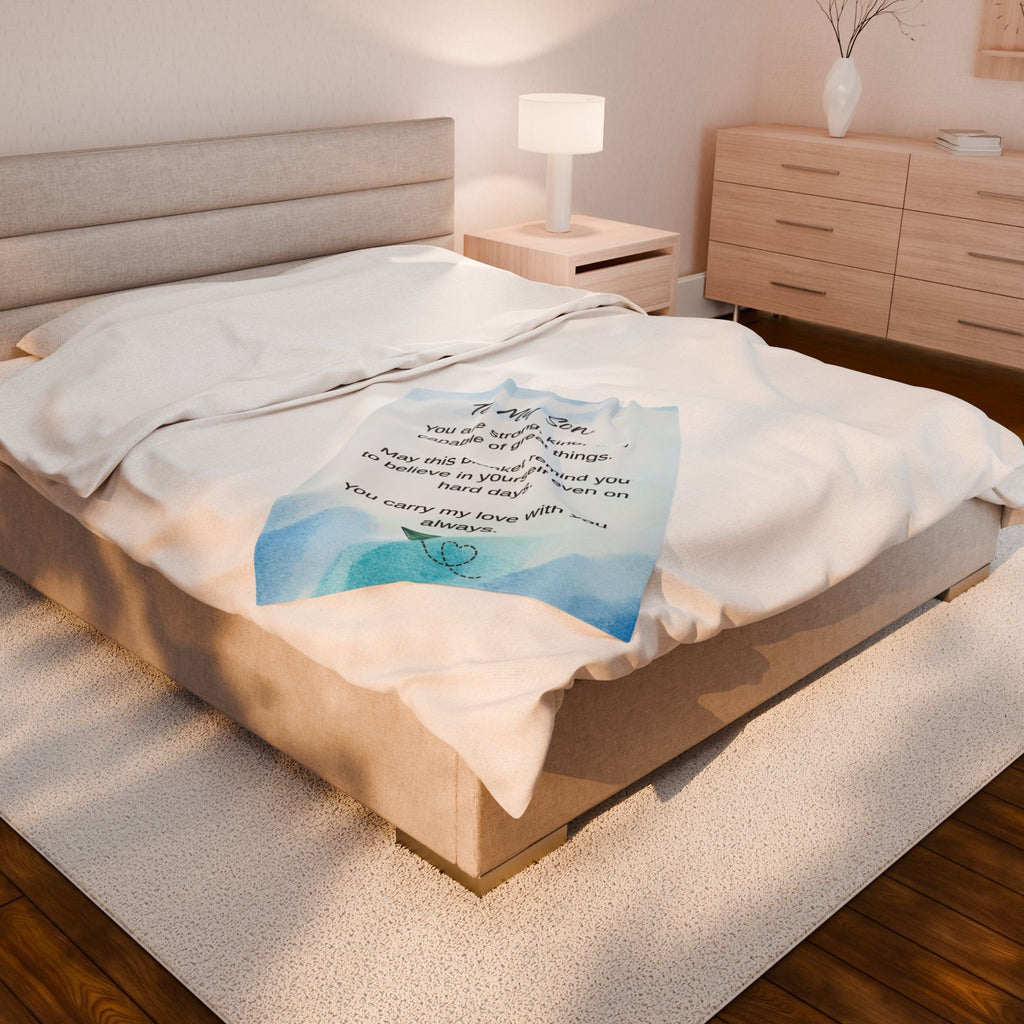To My Son Velveteen Plush Blanket – Inspirational Keepsake with 'You Are Strong, Kind, and Capable' Message