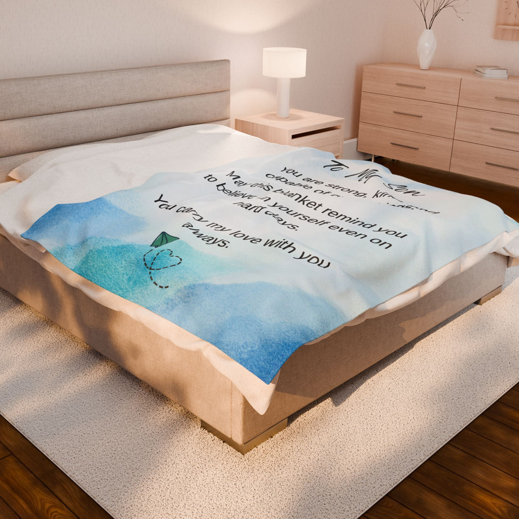 To My Son Velveteen Plush Blanket – Inspirational Keepsake with 'You Are Strong, Kind, and Capable' Message