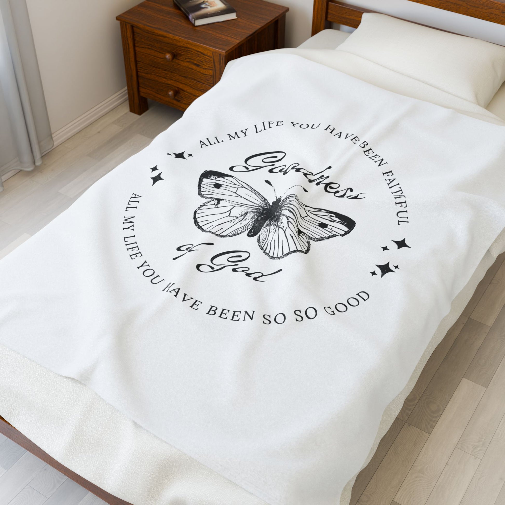 Faith-Inspired Velveteen Blanket — “Goodness of God” Butterfly Scripture Throw