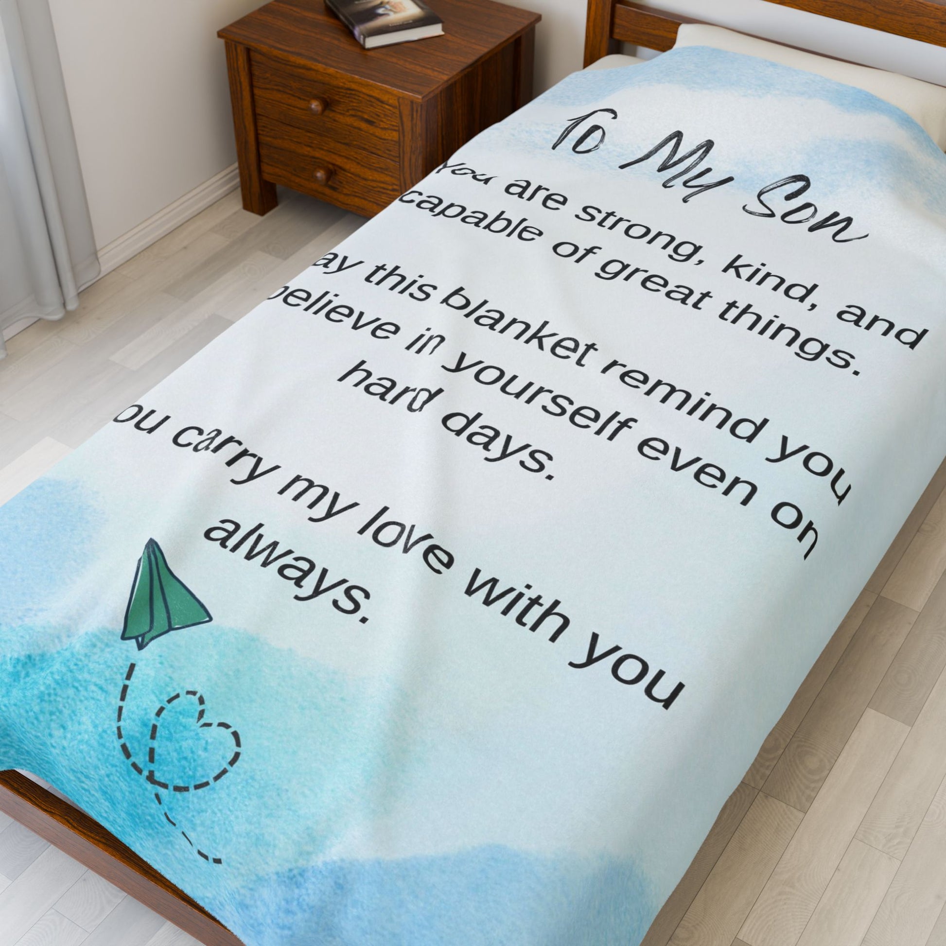 To My Son Velveteen Plush Blanket – Inspirational Keepsake with 'You Are Strong, Kind, and Capable' Message