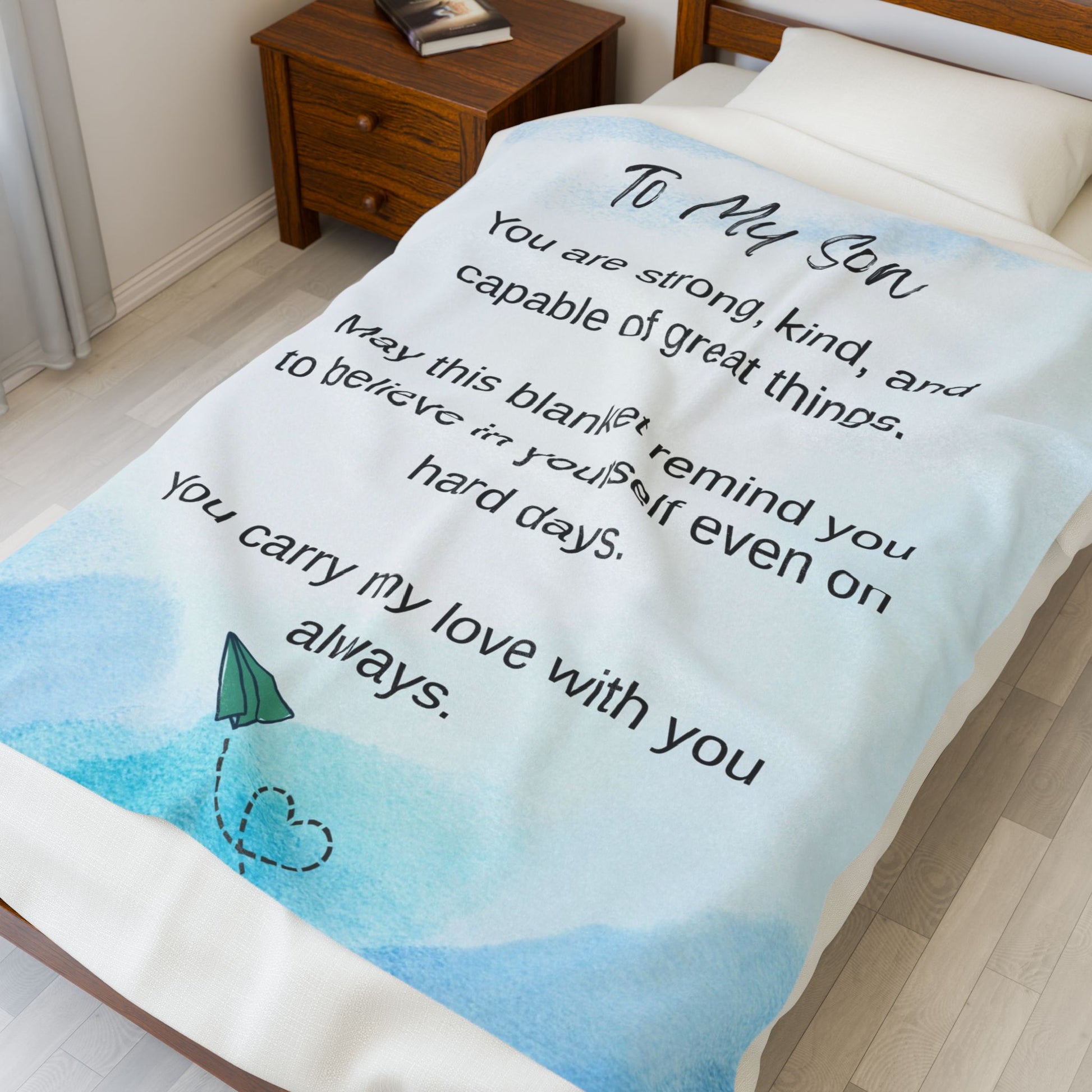 To My Son Velveteen Plush Blanket – Inspirational Keepsake with 'You Are Strong, Kind, and Capable' Message